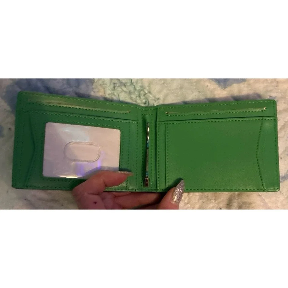 NEW Men's‎ Minimalist Slim Black Faux Leather & Green Wallet w/ Money Clip